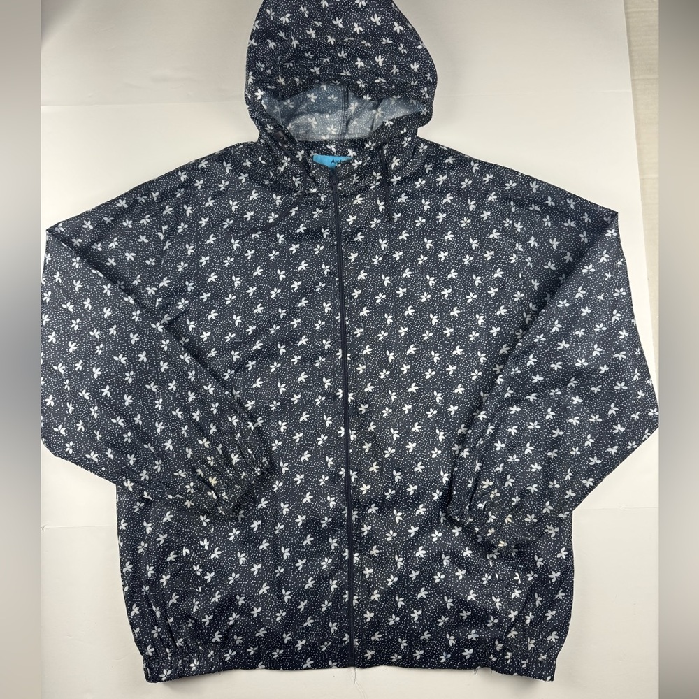 Women's Navy Hooded Raincoat with White Print with front pockets